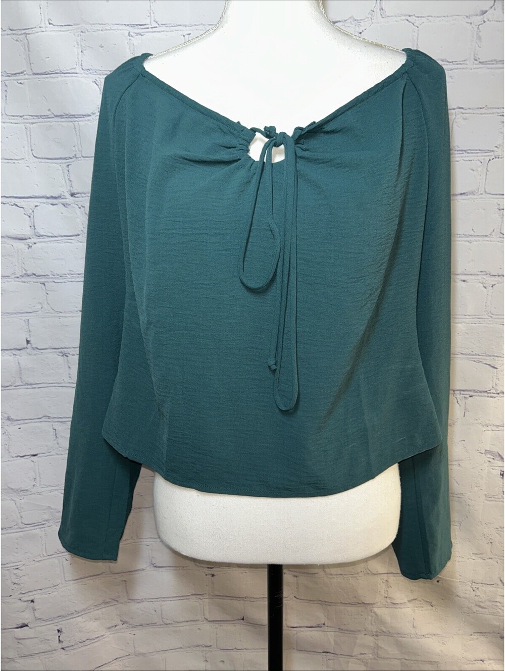 Teal Crop Blouse Large Smocked Back Tie Front Peasant Boho Long Sleeve Wide Neck
